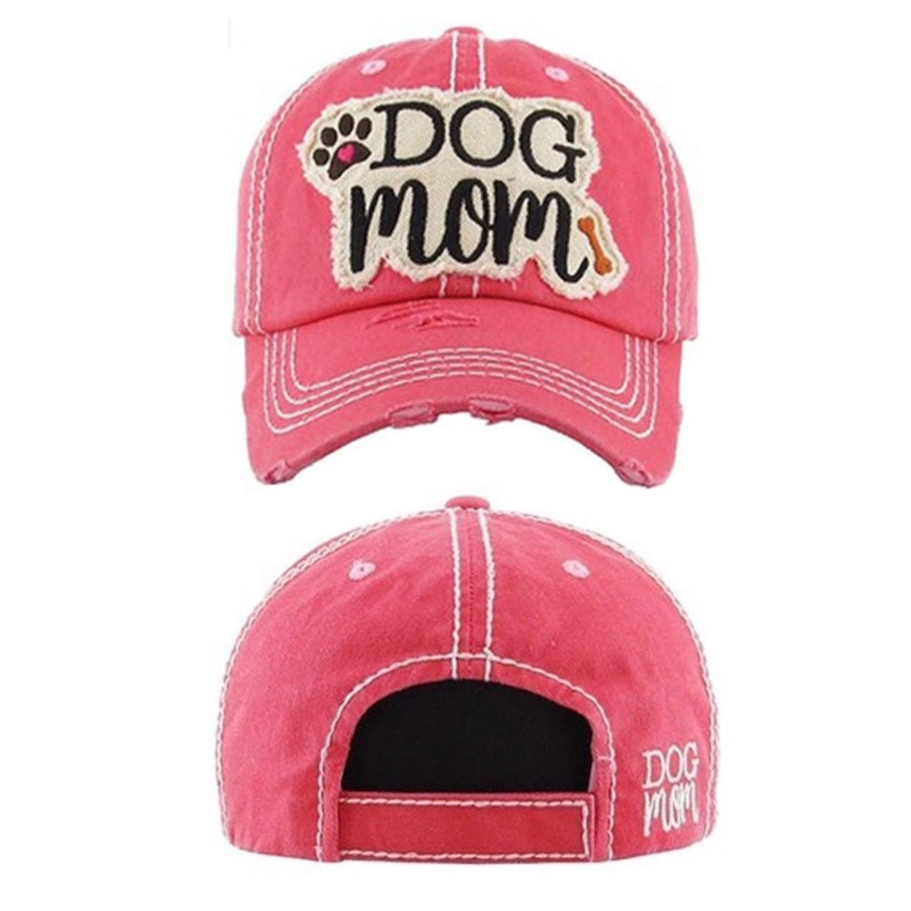 KBETHOS Embroidered Vintage Distressed “Dog Mom” Hat - HOT PINK one size fits